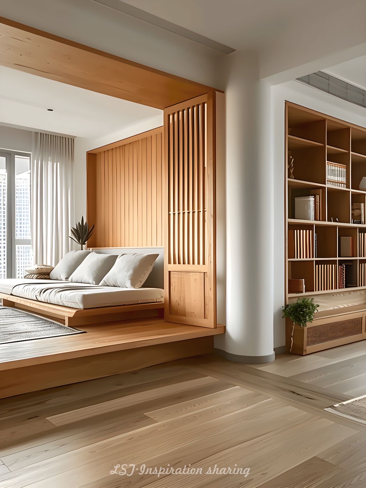 榻榻米+樟子门!6㎡阳台原木风地台茶室!#武汉装修设计#